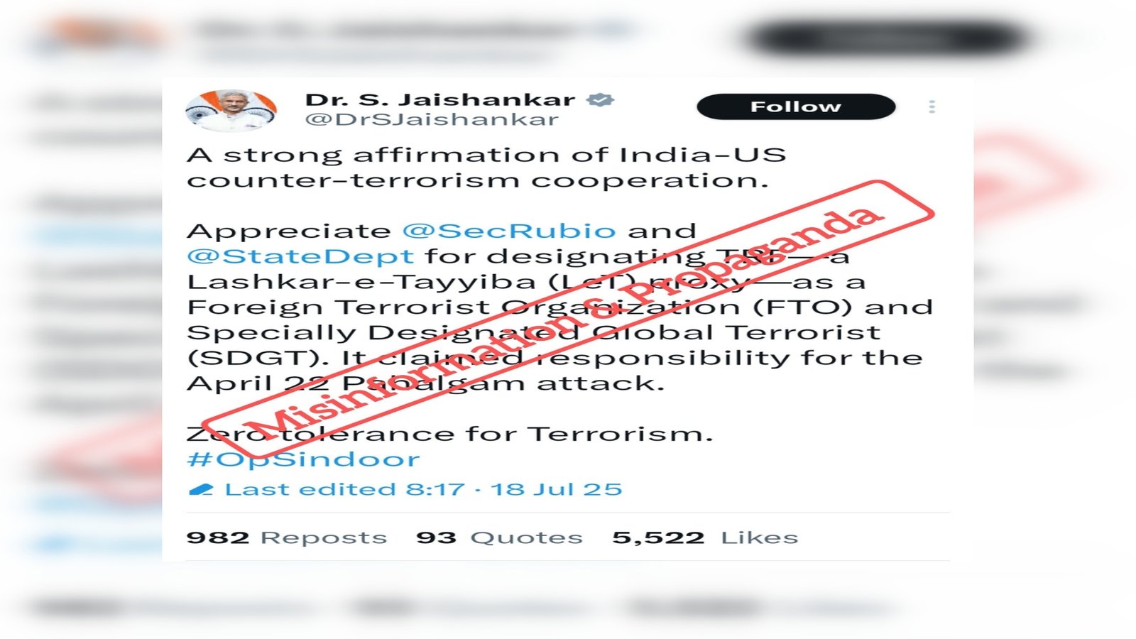 بھارتی وزیر خارجہ کے ایکس اکاؤنٹ سے غلط معلومات اور پراپیگنڈہ بے نقاب