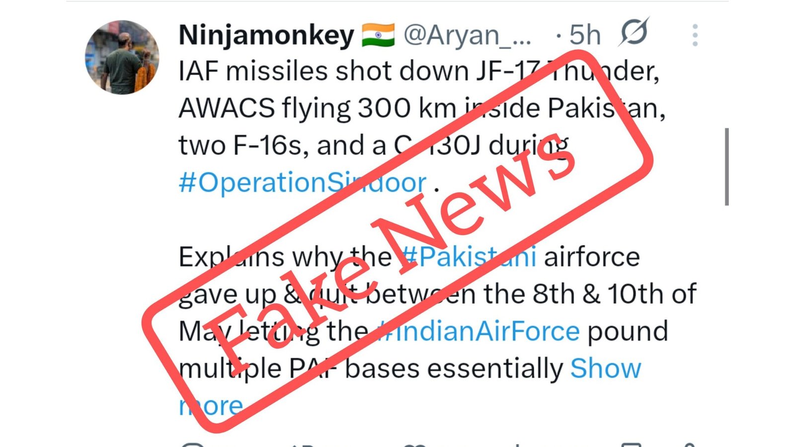 بھارتی سوشل میڈیا اکاؤنٹ کے  پاک فضائیہ سے متعلق گمراہ کن دعوے بے نقاب