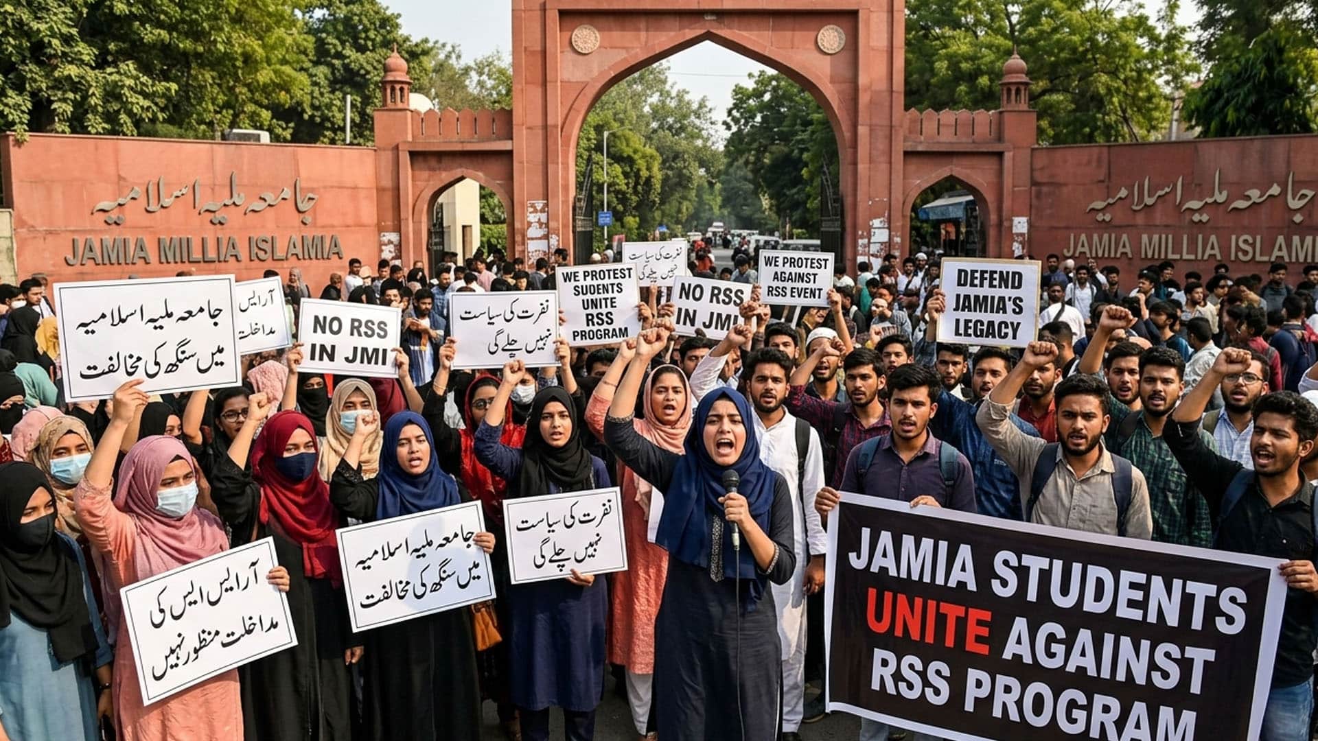 جامعہ ملیہ اسلامیہ میں آر ایس ایس کے پروگرام کے خلاف طلباء کا احتجاجی مظاہرہ