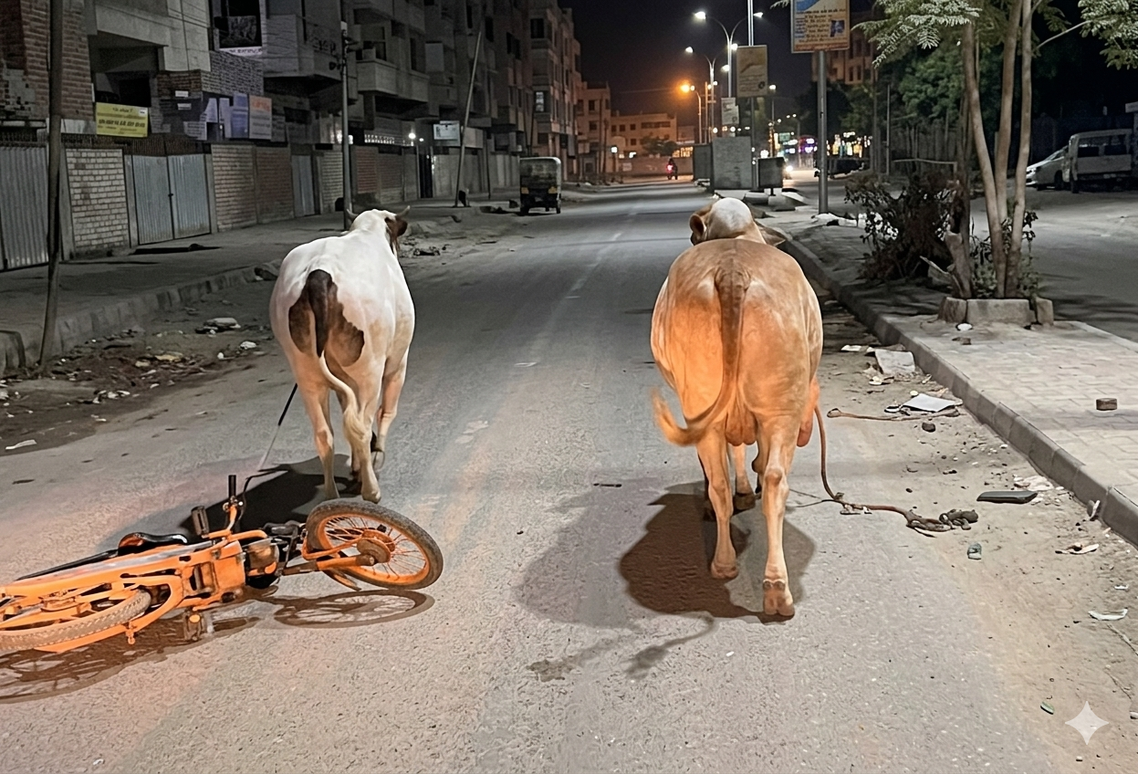 دو بیل شہری کی موٹر سائیکل لے اُڑے، کراچی کی دلچسپ ویڈیو وائرل