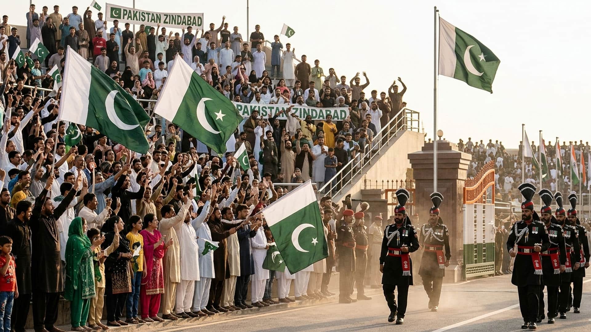 واہگہ بارڈر پر معرکہ حق کی مناسبت سے شاندار پریڈ اور پروقار تقریب،فضا پاکستان زندہ باد کے نعروں سے گونج اٹھی