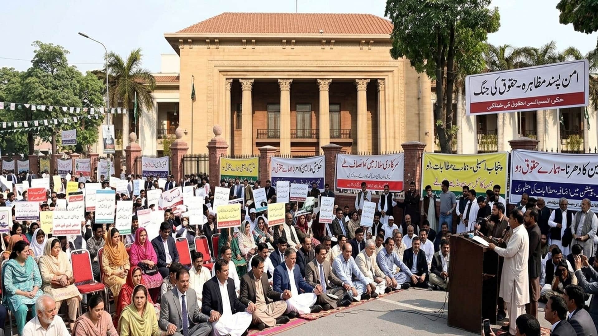 پنجاب اسمبلی کے باہر سرکاری ملازمین کا دھرنا ، پولیس نے گھیر لیا